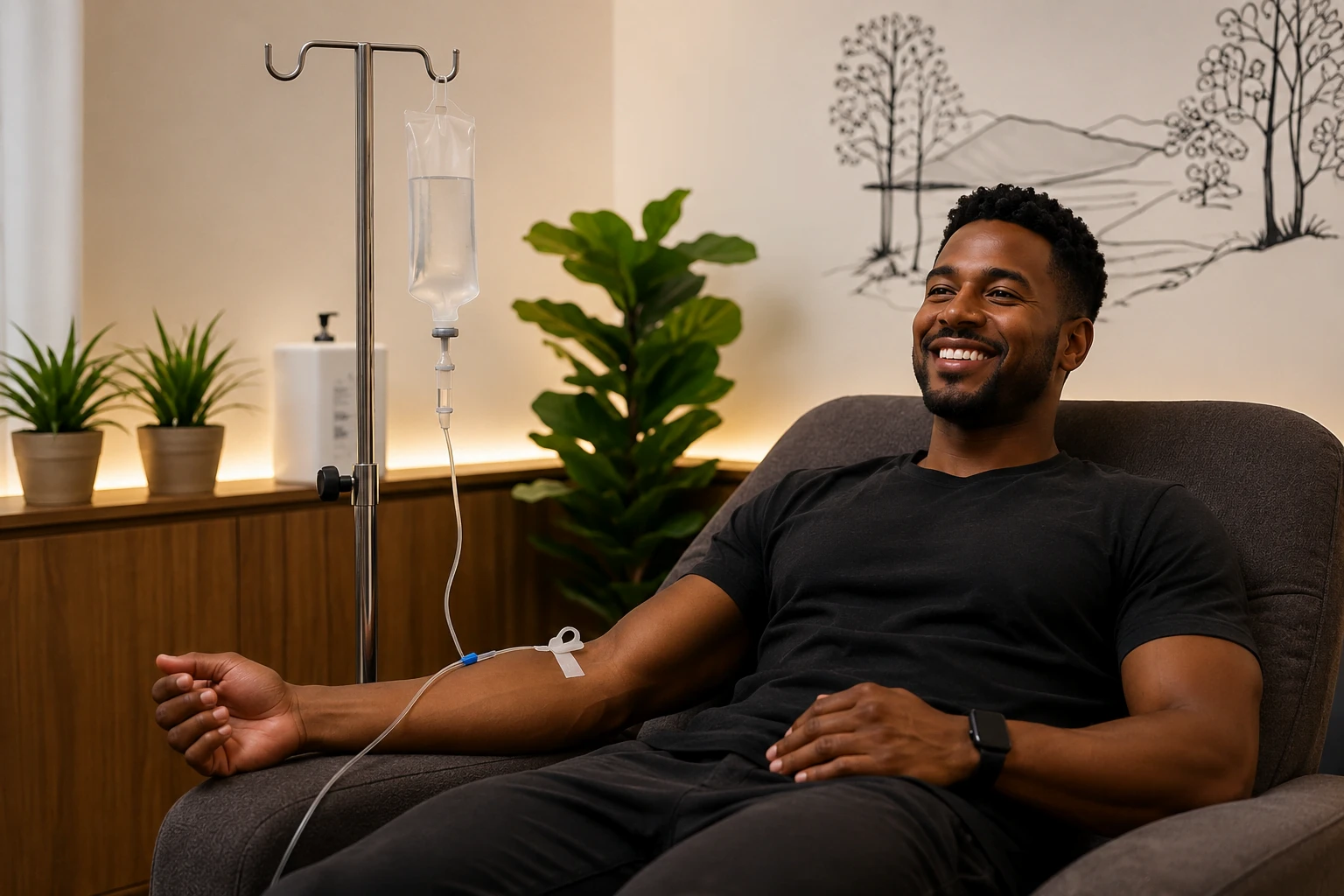 Patient relaxing in a treatment chair during a BioMastery IV infusion