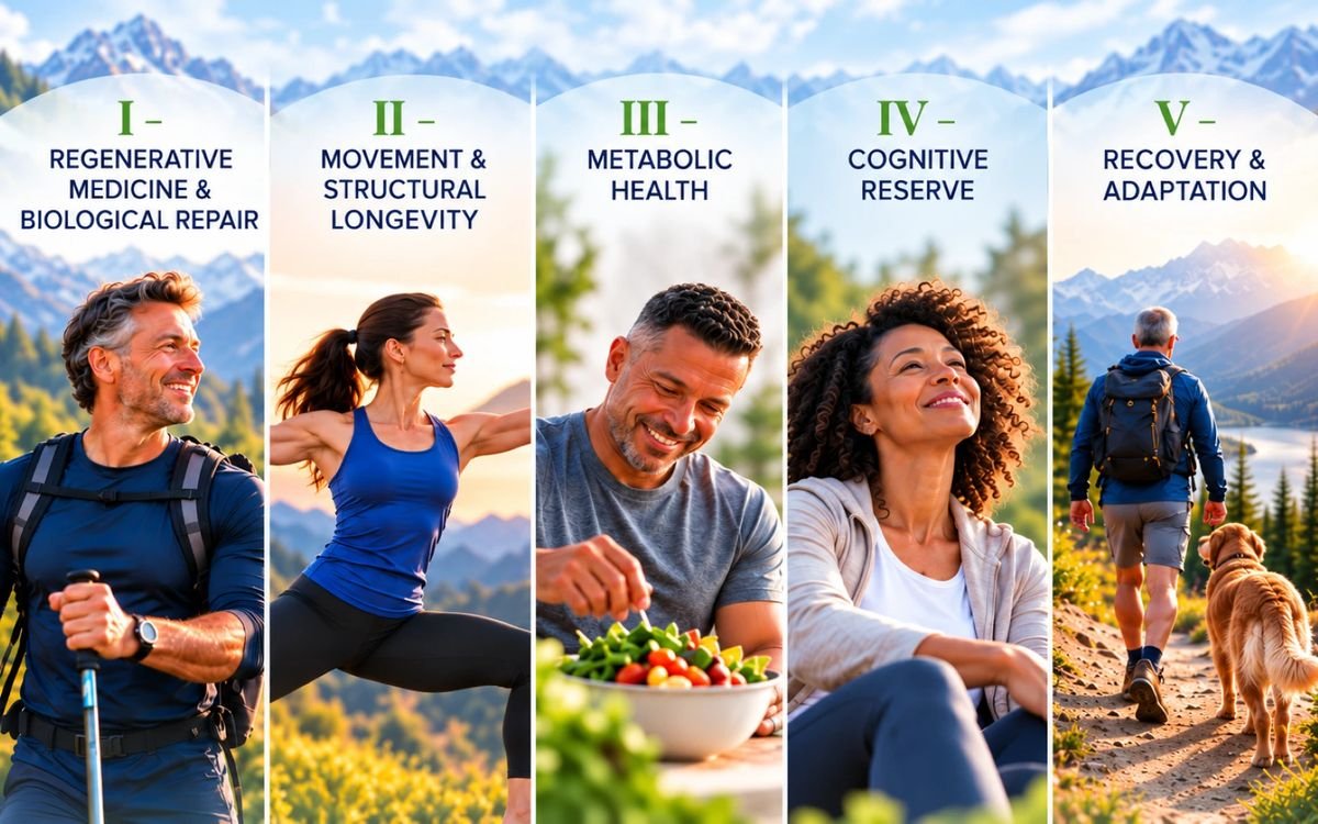 The 5 Pillars of Health: Repair, Movement, Metabolic Health, Cognitive Reserve and Recovery Infographic of the five pillars of health: biological repair, movement, metabolic health, cognitive reserve, and recovery, each with an active adult