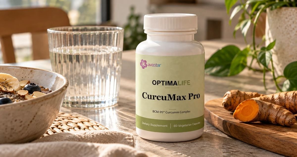 CurcuMax Pro by Avastar, a BCM-95® curcumin complex Bottle of OptimaLife CurcuMax Pro by Avastar, a BCM-95 curcumin complex, on a kitchen counter beside fresh turmeric root.