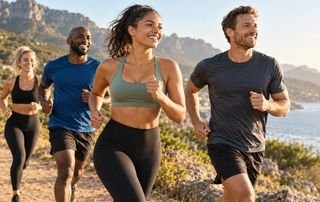 Group of four adults running together on a coastal trail in the morning sun, moving comfortably without joint pain and inflammation.