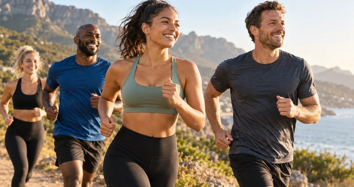 Joint Pain and Inflammation: What Causes It and How to Reduce It Group of four adults running together on a coastal trail in the morning sun, moving comfortably without joint pain and inflammation.